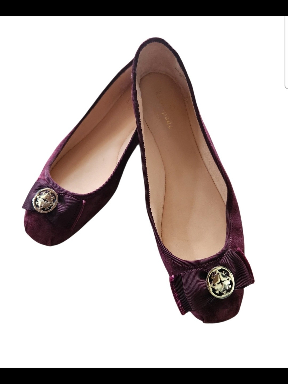 kate spade Bordeaux Velvet Bow Flats with Gold Emblem